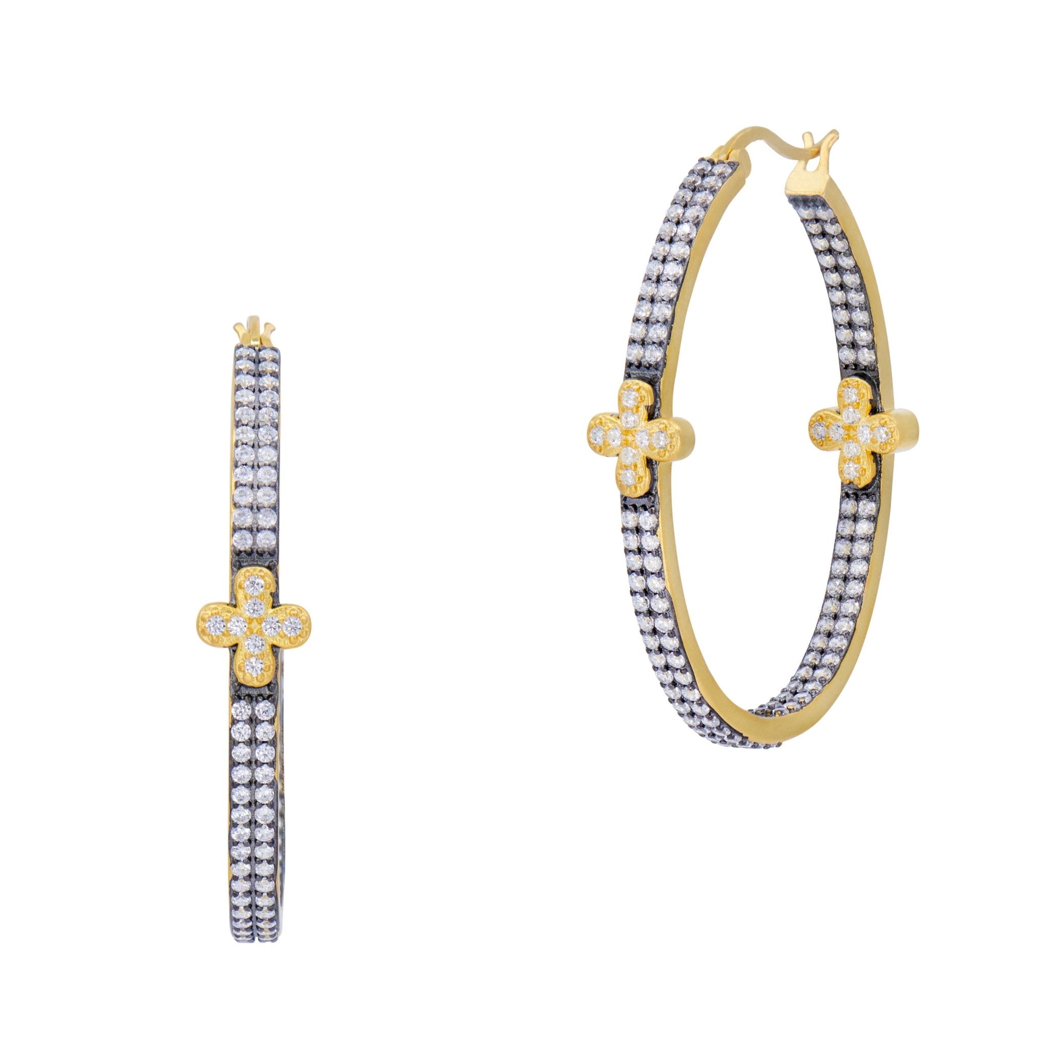 Pavé Double Row Clover Hoop Earrings - FREIDA ROTHMAN