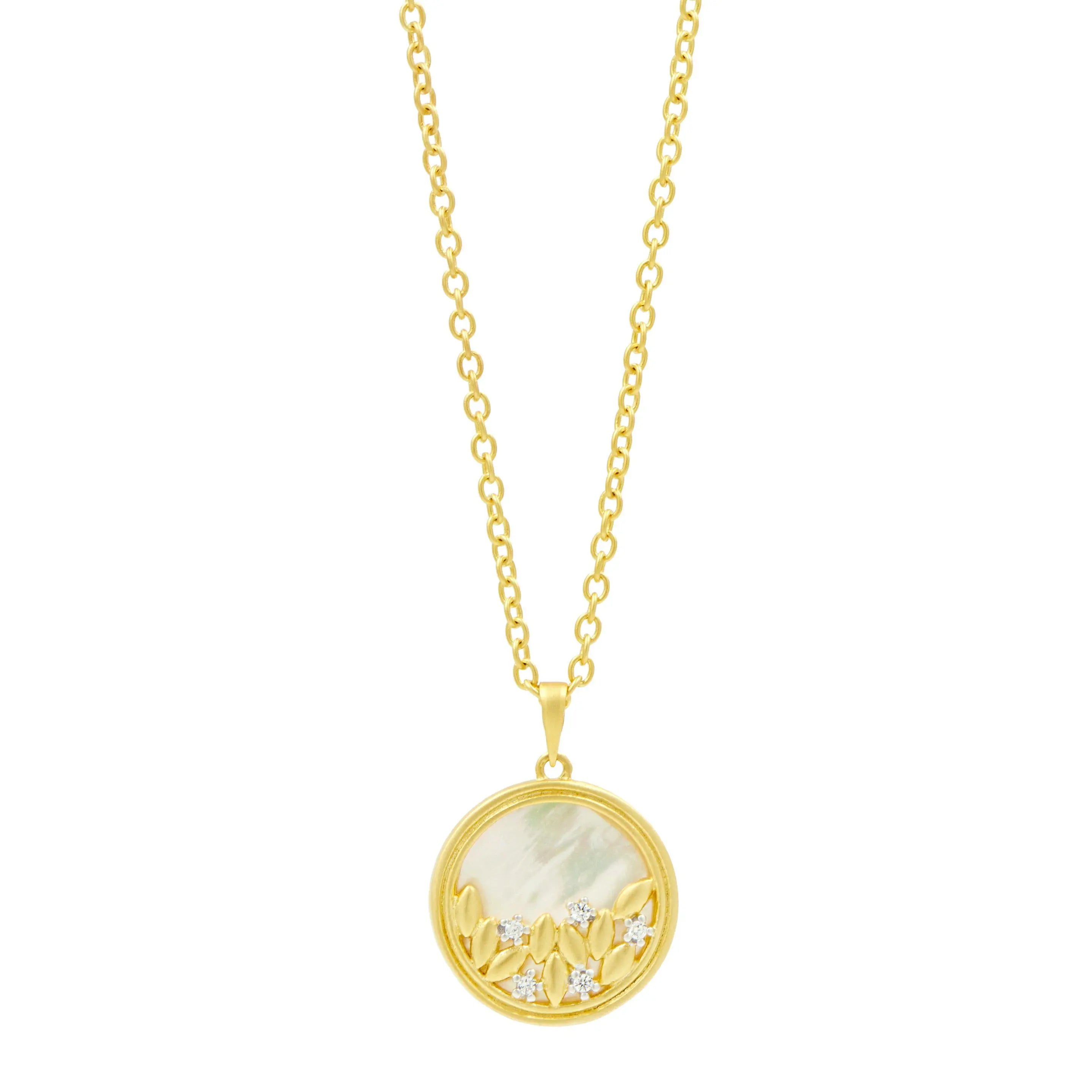 14KGoldandPlatinumonSterlingSilver Fleur Bloom Mother of Pearl Round Pendant Necklace Fleur Bloom SHOP THE LOOK