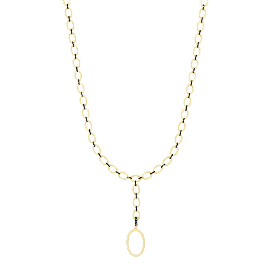 The Industrial Finish Cobblestone Flat Chain Link Y-Necklace from Industrial Finish features a series of oval links forming a gold chain. At its center, it boasts a larger oval-shaped pendant that elevates the piece with minimalistic elegance. The industrial finish adds a contemporary edge to this refined design.