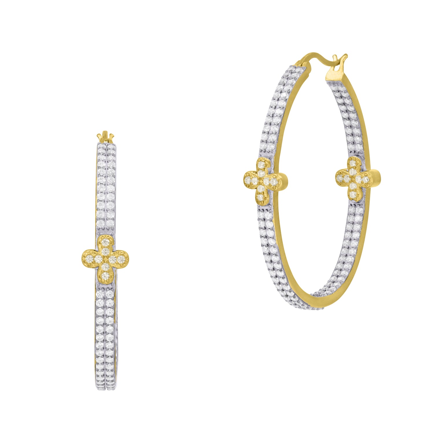Pavé Double Row Clover Hoop Earrings - FREIDA ROTHMAN