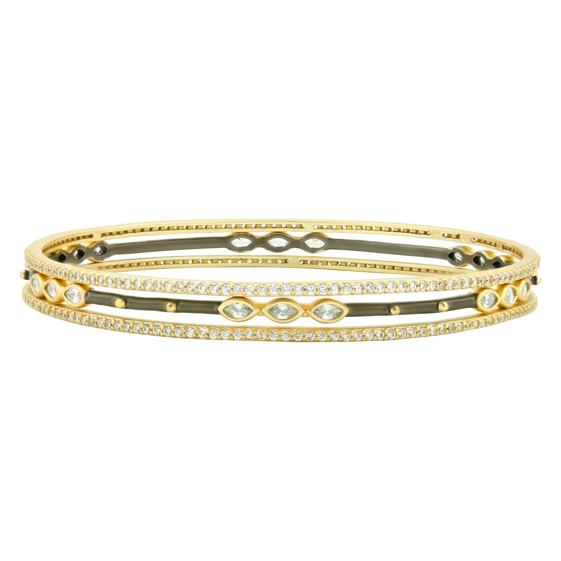 14KGoldandBlackGoldonSterlingSilver Signature Marquise Station 3-Stack Bangle Signature BRACELET