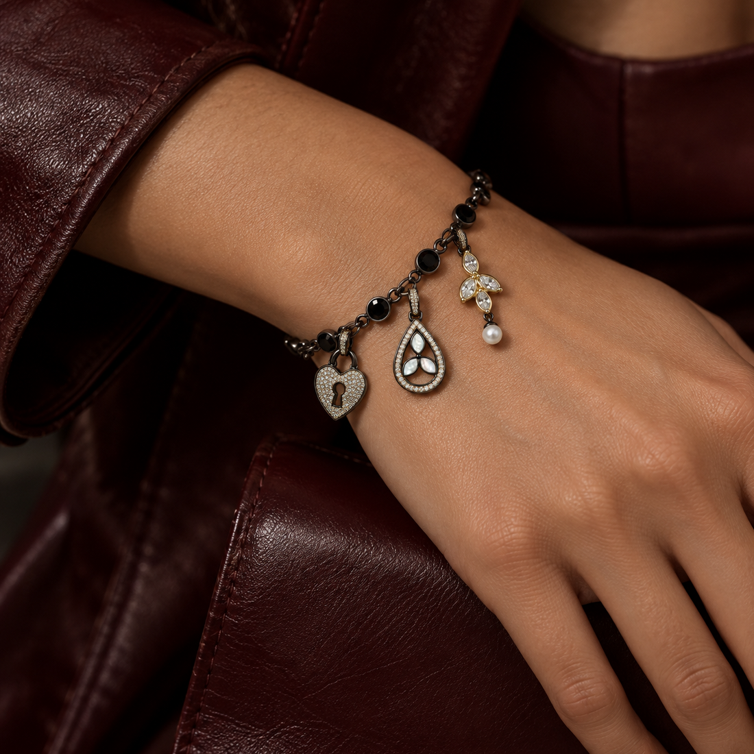 7" Black on Black Bezel Charm Bar Bracelet
