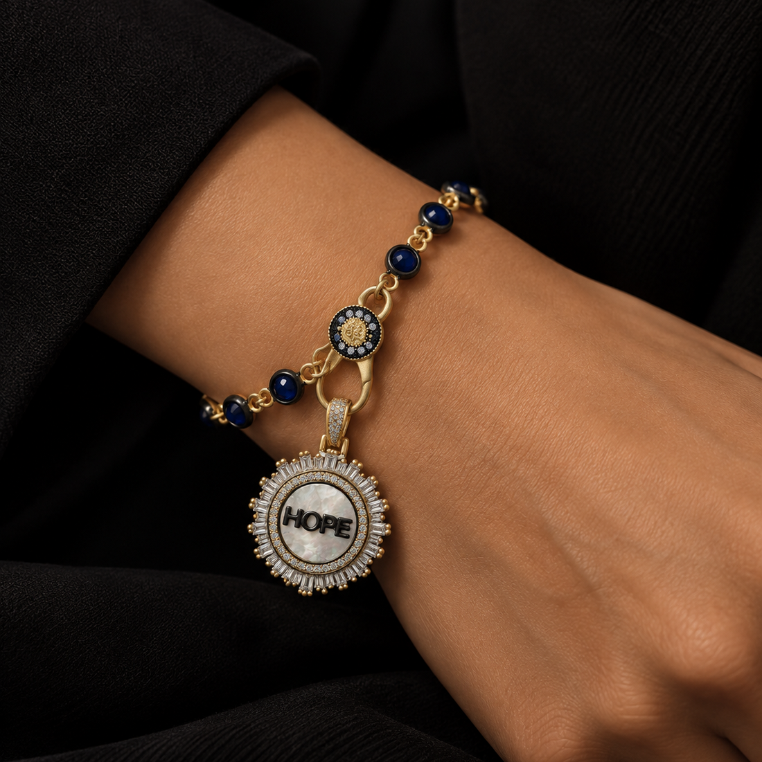 7" Blue CZ Bezel Charm Bar Bracelet