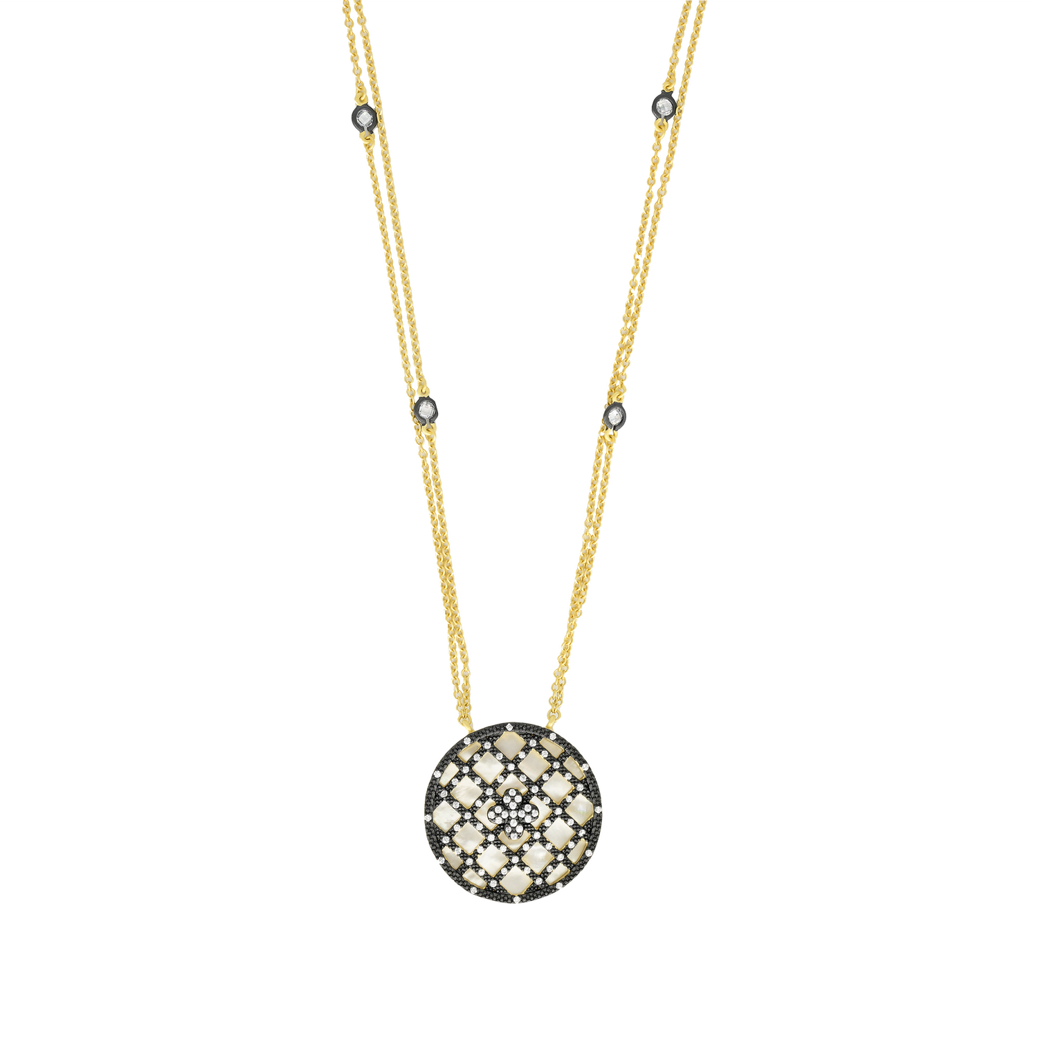 Reversible Mother of Pearl Medallion Double Chain Necklace