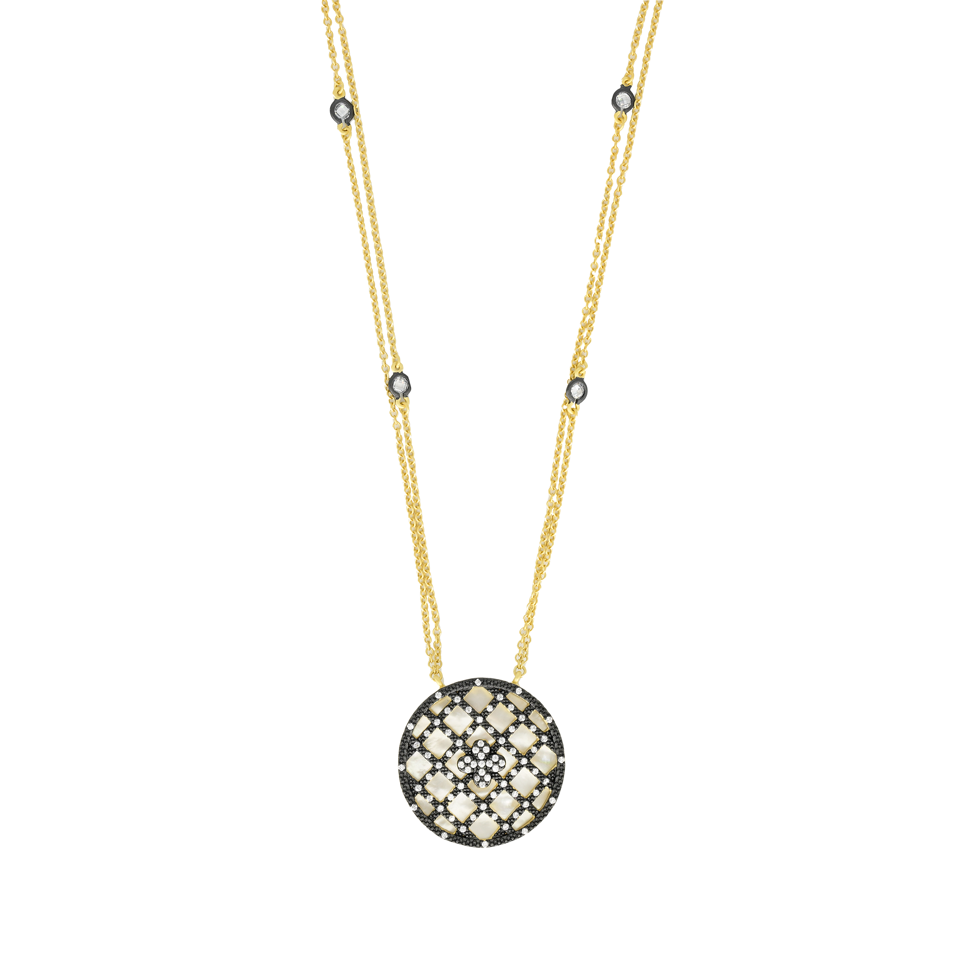 Reversible Mother of Pearl Medallion Double Chain Necklace