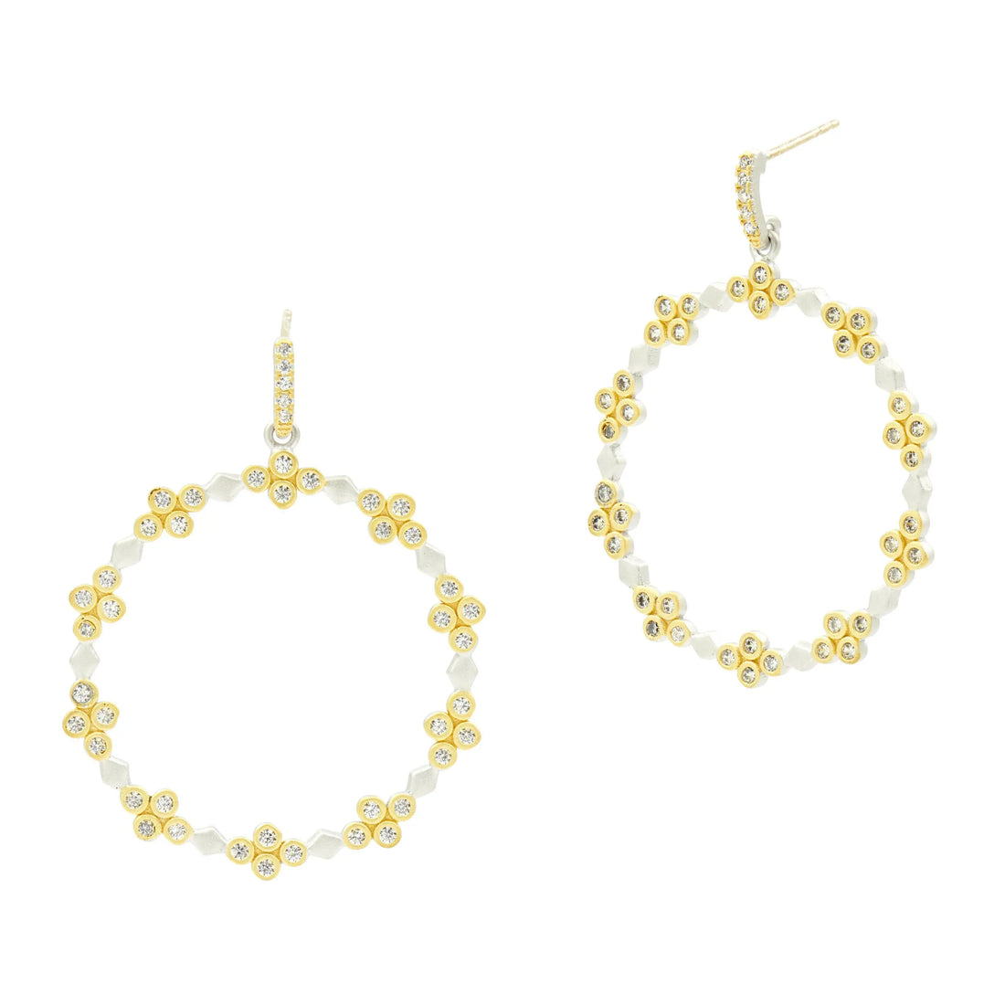 14KGoldandPlatinumonSterlingSilver Armor of Hope Embellished Clover Open Hoop Earrings FREIDA ROTHMAN EARRING