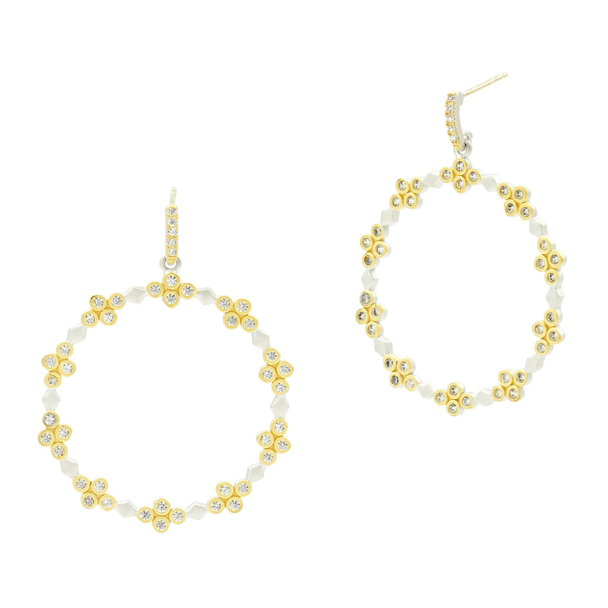 14KGoldandPlatinumonSterlingSilver Armor of Hope Embellished Clover Open Hoop Earrings FREIDA ROTHMAN EARRING