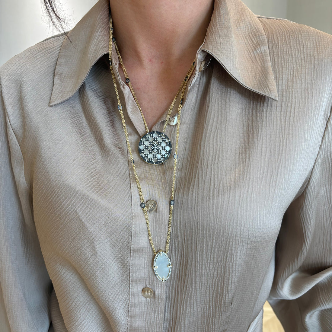 Reversible Mother of Pearl Medallion Double Chain Necklace