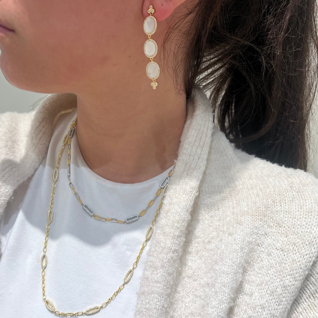 Triple Oval Flat Mother of Pearl Slice Earrings