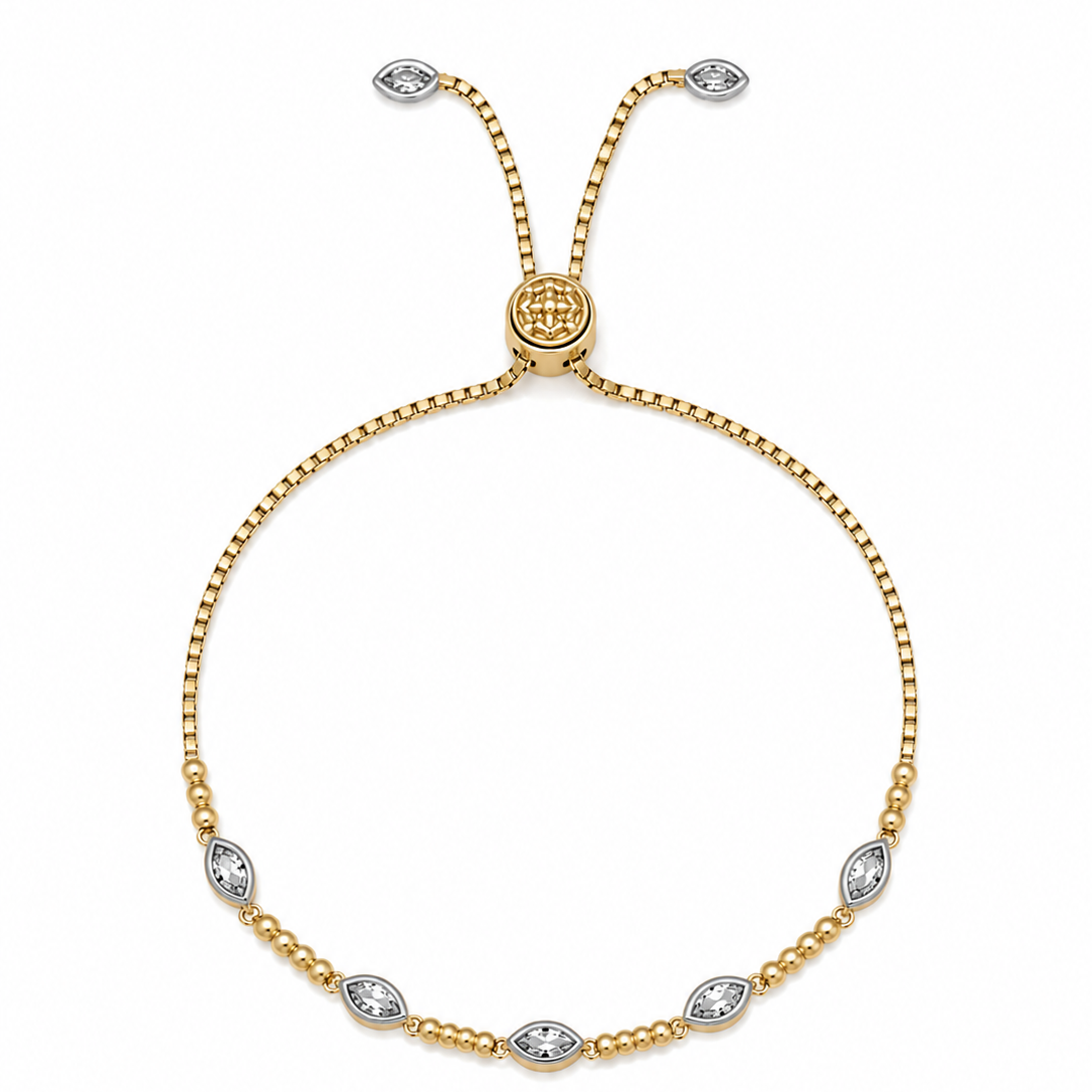 A delicate gold chain bracelet with five marquise-cut clear gemstones spaced along the lower curve, featuring an adjustable sliding clasp with matching round gemstone tips, shown on a plain white background.