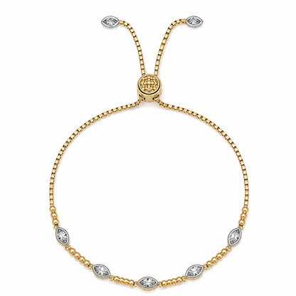 A delicate gold chain bracelet with five marquise-cut clear gemstones spaced along the lower curve, featuring an adjustable sliding clasp with matching round gemstone tips, shown on a plain white background.