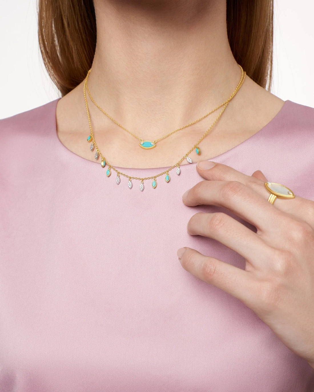 14KGoldandPlatinumonSterlingSilver Fleur Bloom EMPIRE Turquoise Pendant Necklace FR Vault NECKLACE