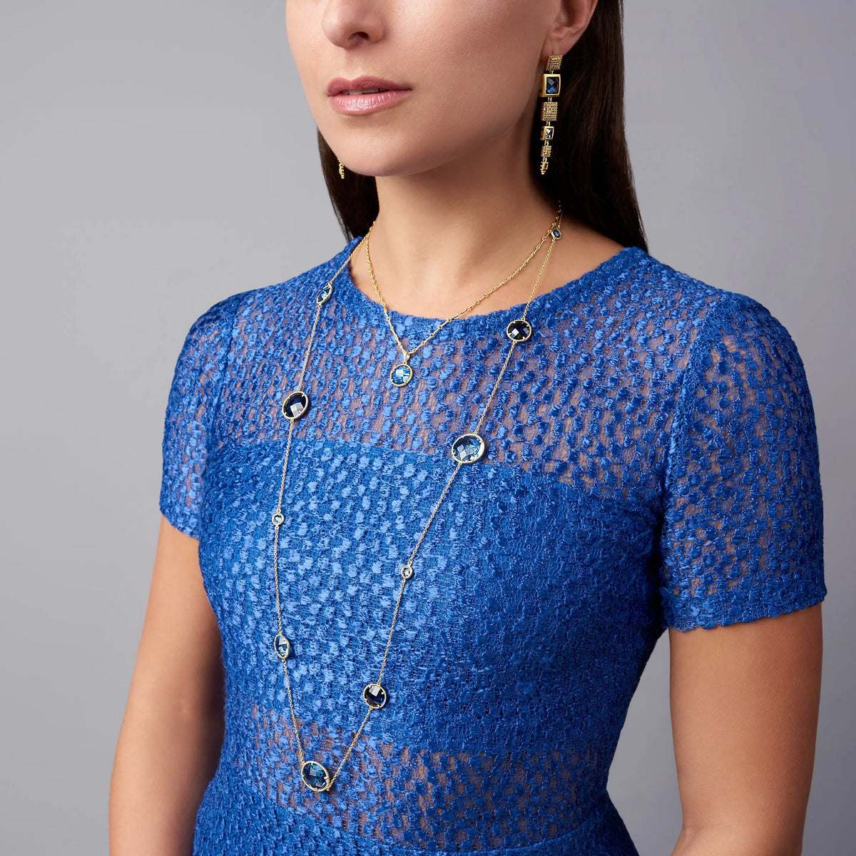 Imperial Blue Stone Single Pendant Necklace on model