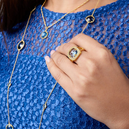 Imperial Blue Stone Single Pendant Necklace on model with ring