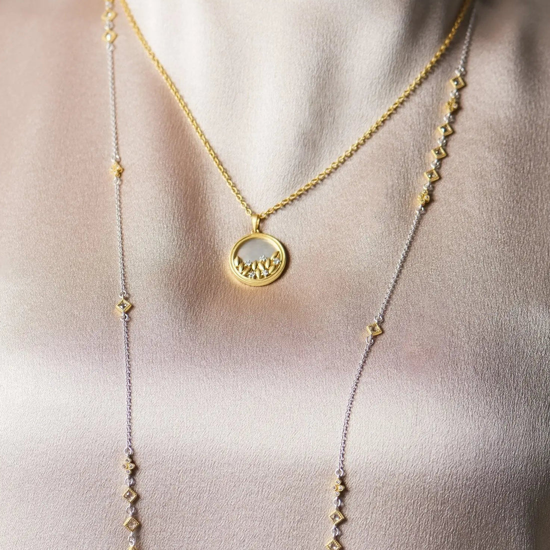  Fleur Bloom Mother of Pearl Round Pendant Necklace Fleur Bloom SHOP THE LOOK