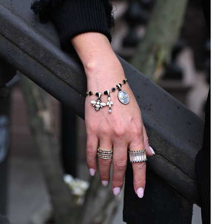 7" Black &amp; Gold Bezel Charm Bar Bracelet